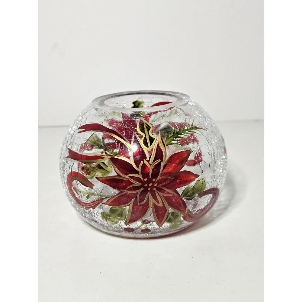 Crystal Clear Christmas Poinsettia Hand Painted Crackle Glass Votive Holder Vtg
